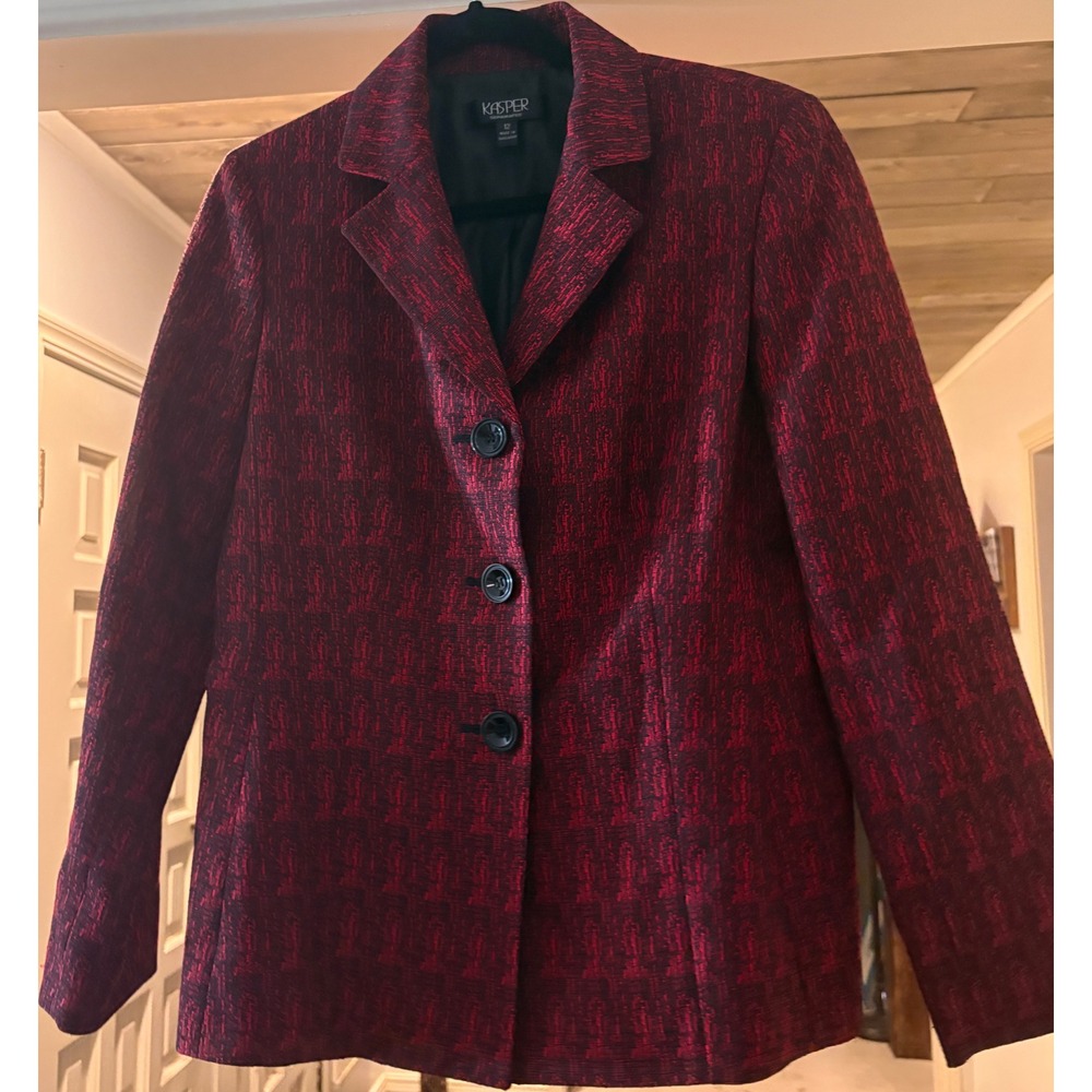 Kasper Separates Womens Red Black Textured Blazer Jacket Size 12 Three Button